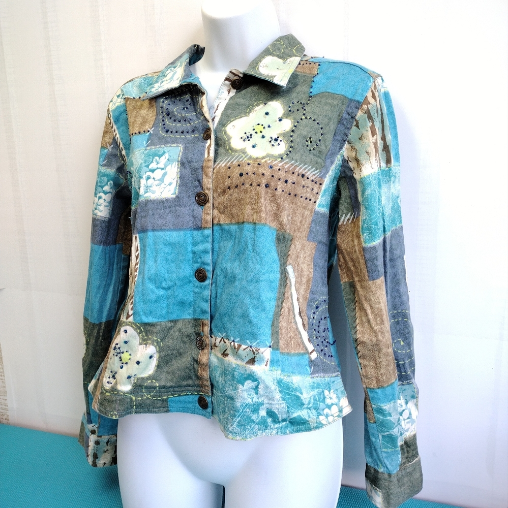 Vintage Mureli Women's Multicolor Floral Beaded Stretch Cotton Jacket M